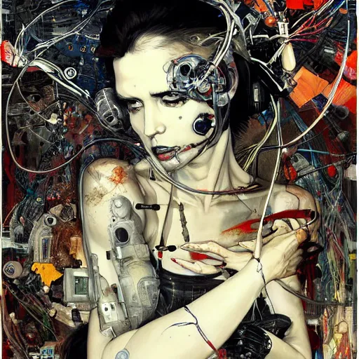 Image similar to rona mitra as a cyberpunk noir detective, skulls, wires cybernetic implants, machine noir grimcore, in the style of adrian ghenie esao andrews jenny saville surrealism dark art by james jean takato yamamoto and by ashley wood