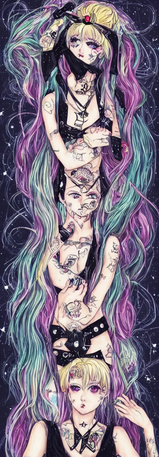 Image similar to Punk Rock Sailor Moon, with tattoos, dark clothing, beautiful portrait painting of an anime girl, cute, blonde hair, symmetrical face, symmetrical eyes, two identical symmetrical eyes, portrait, beautiful girl, artstation, trending on artstation, gorgeous, smooth skin, cutie, long hair, fantasy style, pastel colors , FHD