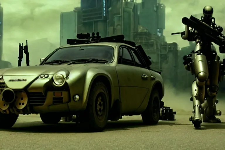 Prompt: masamune shirow movie still from ghost in the shell dieselpunk mad max alpine a 1 1 0 with guns installed makoto shinkai takashi takeuchi studio ghibli, akihiko yoshida