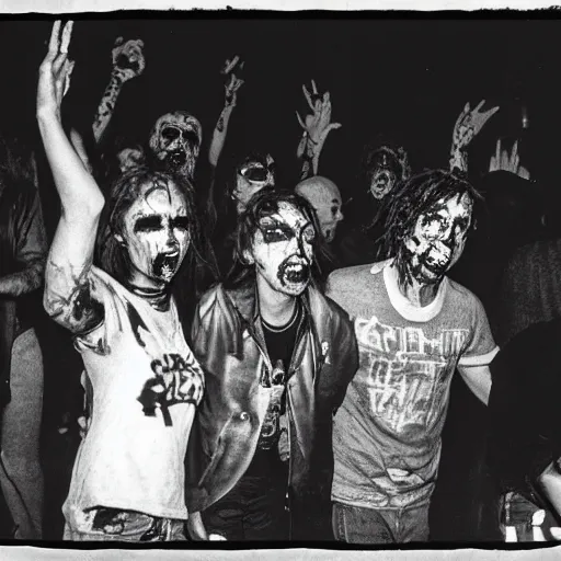 Prompt: zombies at a punk rock concert, grainy vintage photo from 1985, black and white