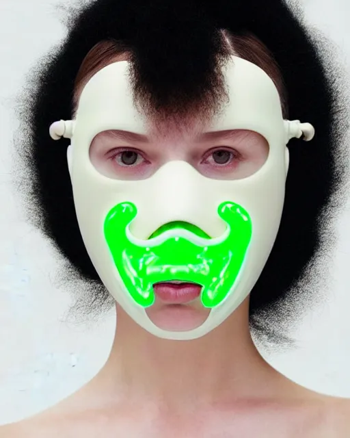 Image similar to portrait of a woman wearing a white embroidered translucent silicone mask and white acid green frizzy hair buns, wearing a black bodysuit by alexander mcqueen, cream white background, soft diffused light, biotechnology, humanoide robot, bjork aesthetic, translucent, by rineke dijkstra, intricate details, highly detailed, masterpiece,