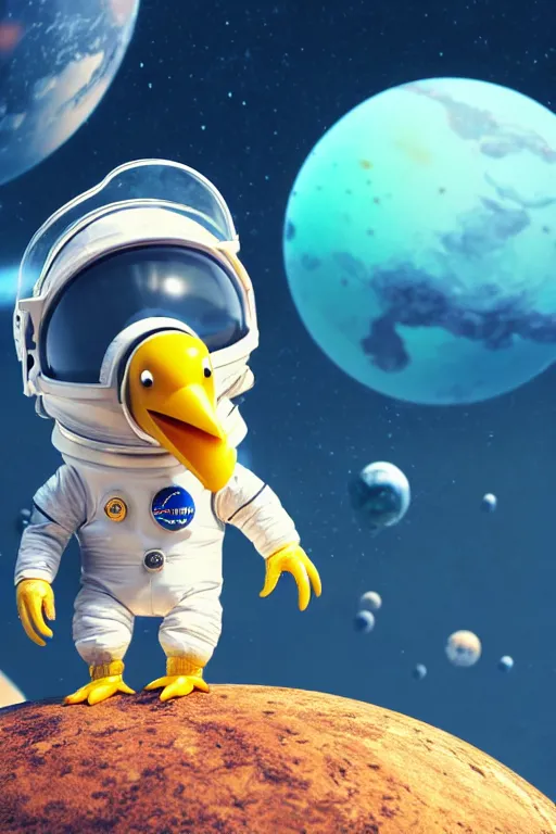 Image similar to a lonely chicken wearing a space suit without helmet in a alien planet, profile picture, digital art, concept art, trending on DeviantArt, highly detailed, high quality, 4K, cartoon, high coherence, path traced, blue sky in the background, octane render, digital painting, no helmet, masterpiece, anatomically correct, hyperrealistic