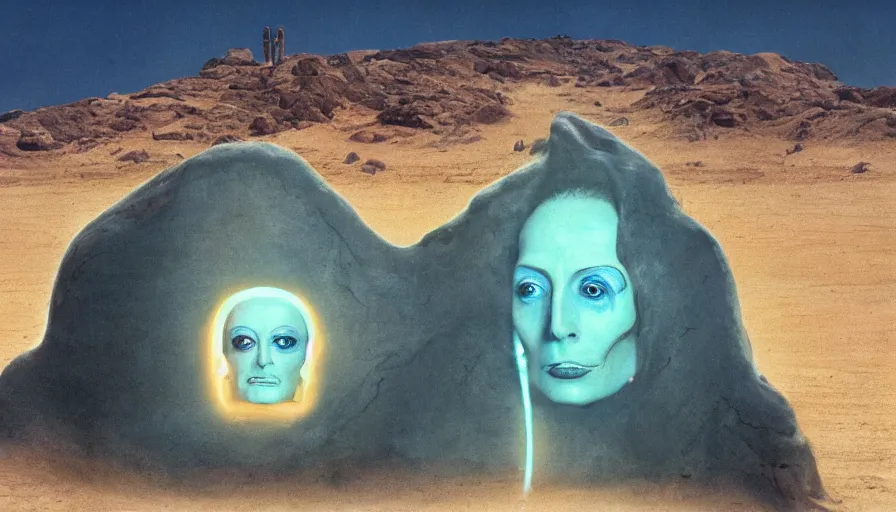Image similar to glowing bene gesserit in full - face golden glowing mask meet salvador dali in a black rocky desert landscape with alienabandoned city beneath the sand and giant alien spaceship in the sky attacks the earth by christopher doyle and alejandro jodorowsky, anamorphic lens, kodakchrome, cinematic composition, very detailed photo, 8 k,