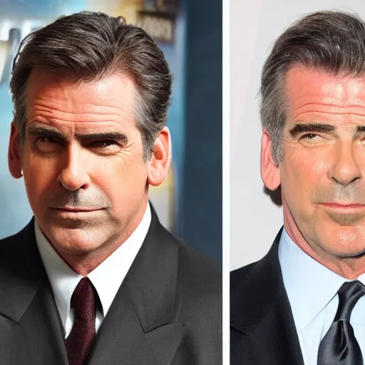 Image similar to steve carell and pierce brosnan as one person