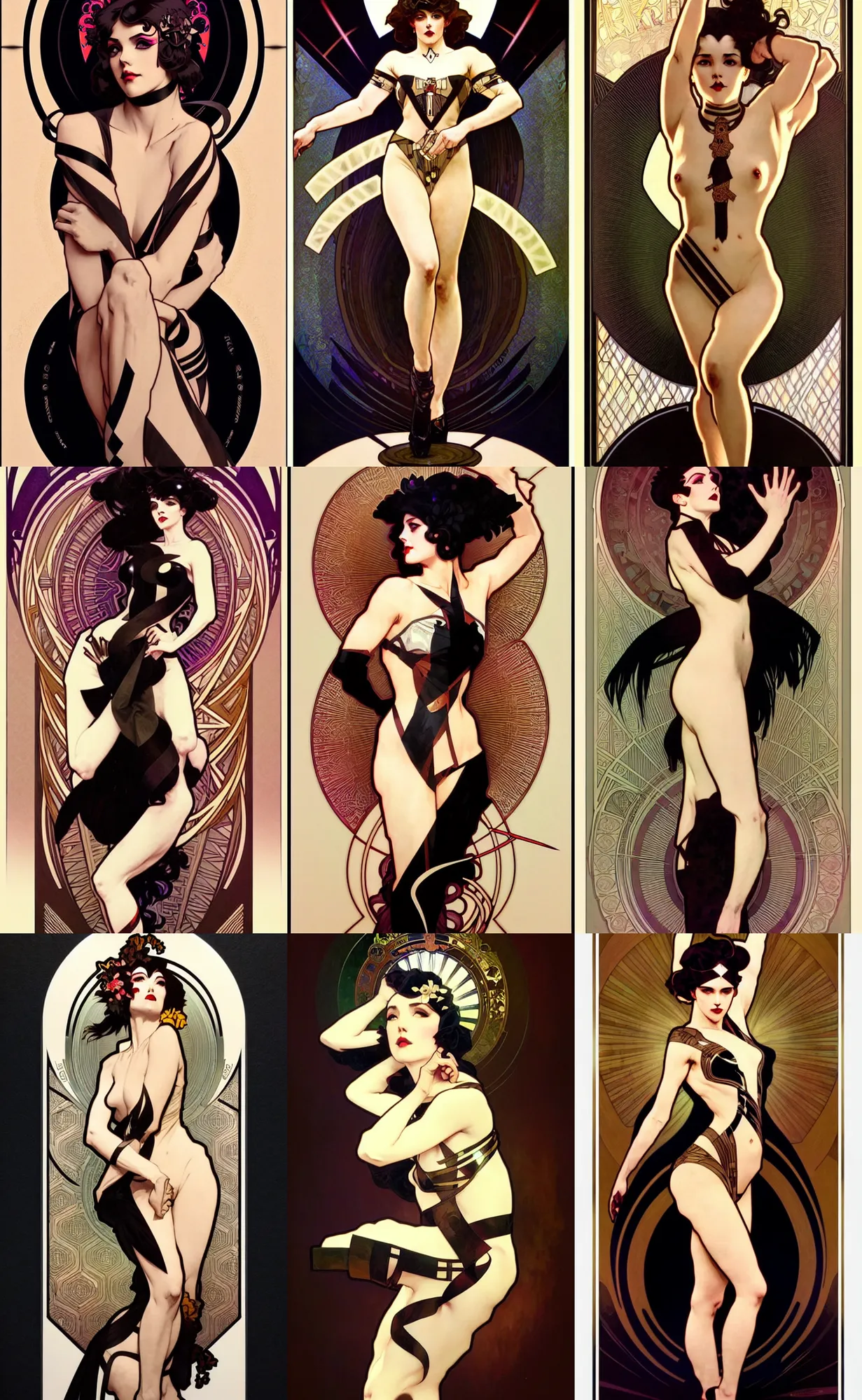 Image similar to deco art by artgerm, greg rutkowski and alphonse mucha. just one black tape project attctive showgirl. full body!! hd, 4 k, stage light. by