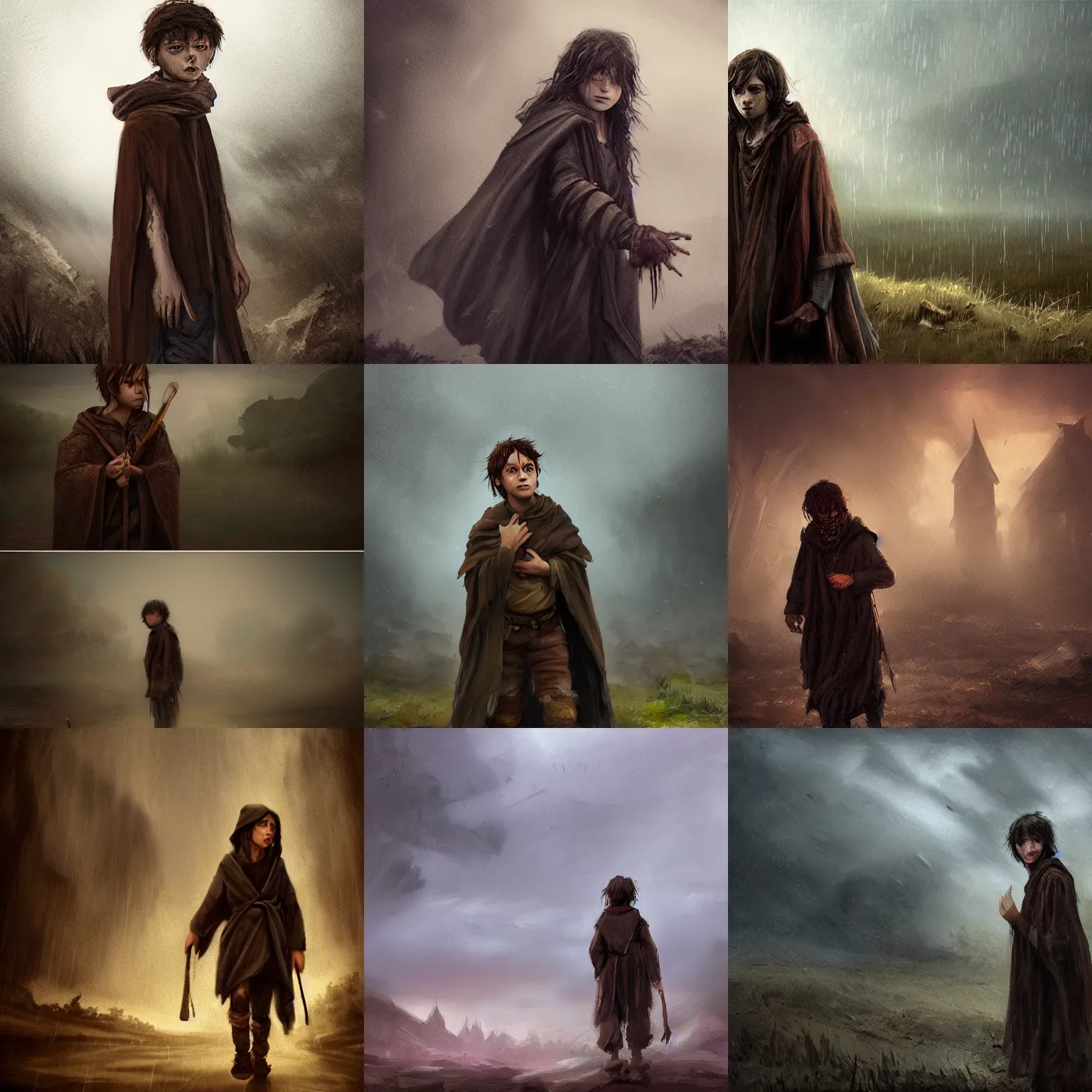 Prompt: a melancholic wandering, young wizard, dressed in a ragged, dirty brown traveling cloak. The background is a poor village in the thunder storm, high detail, photorealistic, cinematic lighting, fantasy concept art by Anastasia Lerno, trending on ArtStation.