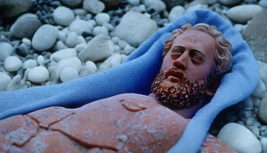 Image similar to 1 9 6 0 s movie still close up of marcus aurelius frozen to death in a blue cape in a river with gravel pebbles, pine forests, cinestill 8 0 0 t 3 5 mm, high quality, heavy grain, high detail, texture, dramatic light, anamorphic, hyperrealistic, detailed hair