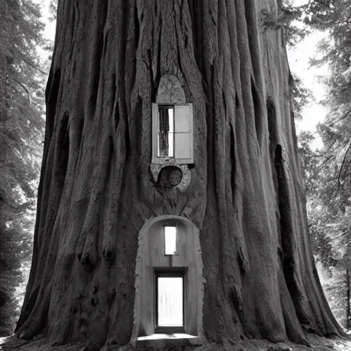 Image similar to house built into and inside a single giant sequoia. photograph by jerry uelsmann.