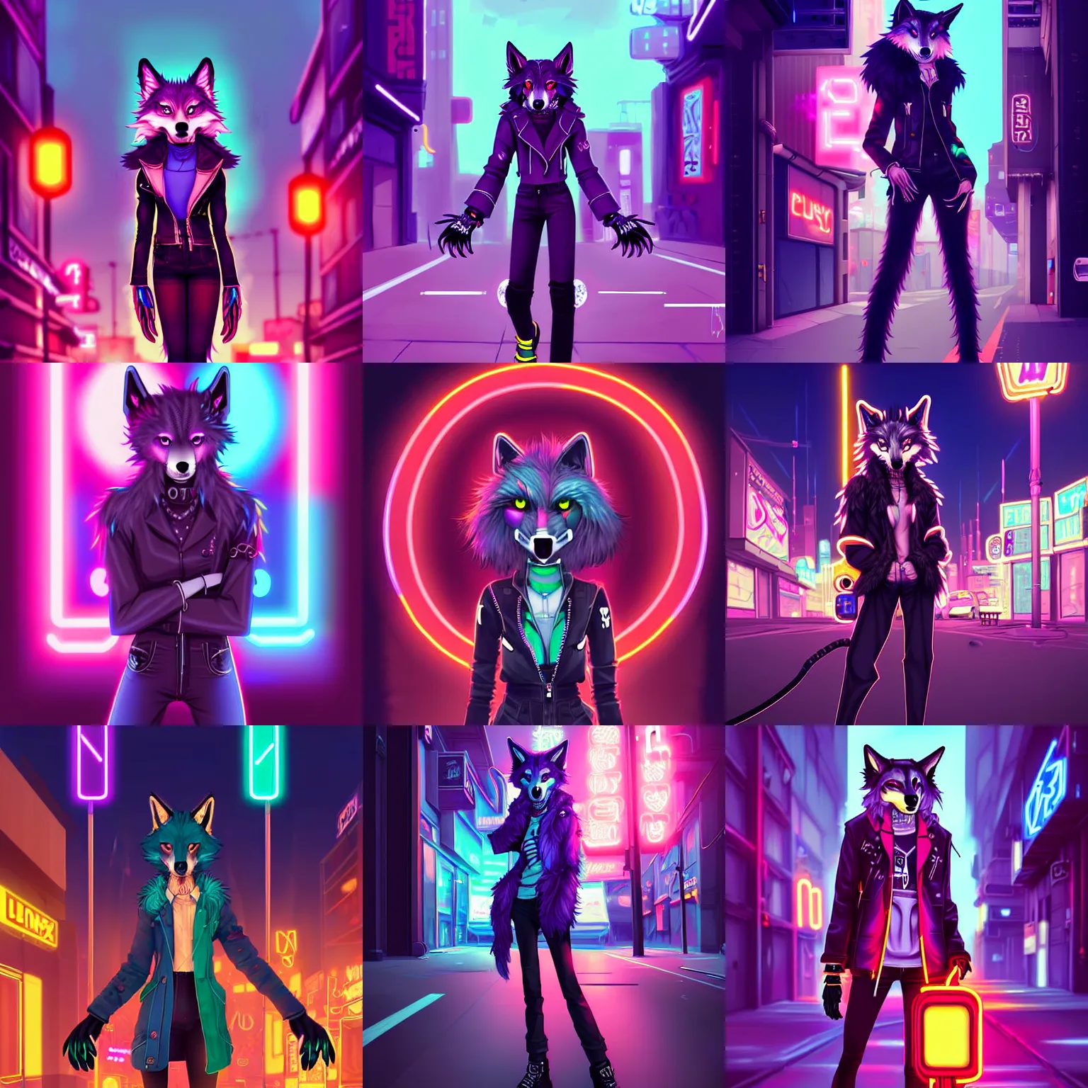 Prompt: beautiful furry digital art painting portrait commission of an androgynous furry anthro wolf fursona wearing punk clothes in the streets of a cyberpunk city. neon signs. character design by charlie bowater, skeleion, imalou, tessgarman, artgerm, makoto shinkai, fa, furraffinity