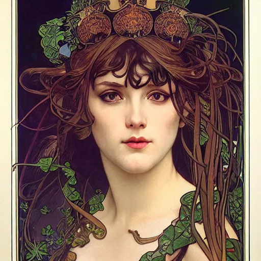 Prompt: realistic detailed face portrait of a beautiful Queen of Mulberry Trees by Alphonse Mucha, Ayami Kojima, Amano, Greg Hildebrandt, and Mark Brooks, Art Nouveau, Neo-Gothic, gothic