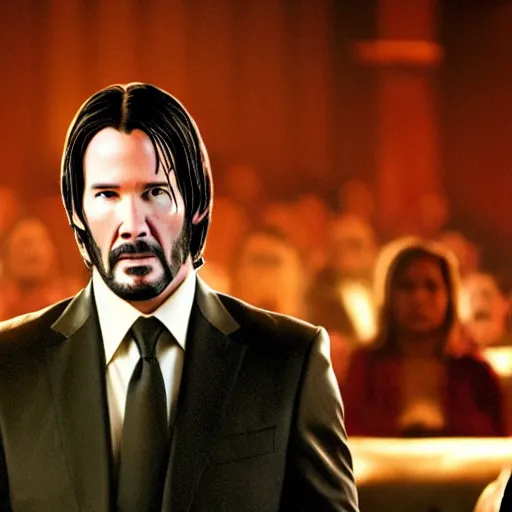 Image similar to cinematic still of John Wick speaking at a megachurch in John Wick (2009). Joel Osteen ministries. dynamic lighting. shallow depth of field, cinematic