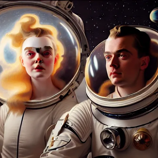 Prompt: leyendecker and peter paul rubens, head and shoulders portrait of a elle fanning in space, unreal engine, fantasy art by global illumination, radiant light, detailed and intricate environment