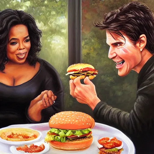 Image similar to portrait of oprah winfrey feeding tom cruise giant hamburgers, extra bacon lettuce and tomatoes, an oil painting by ross tran and thomas kincade