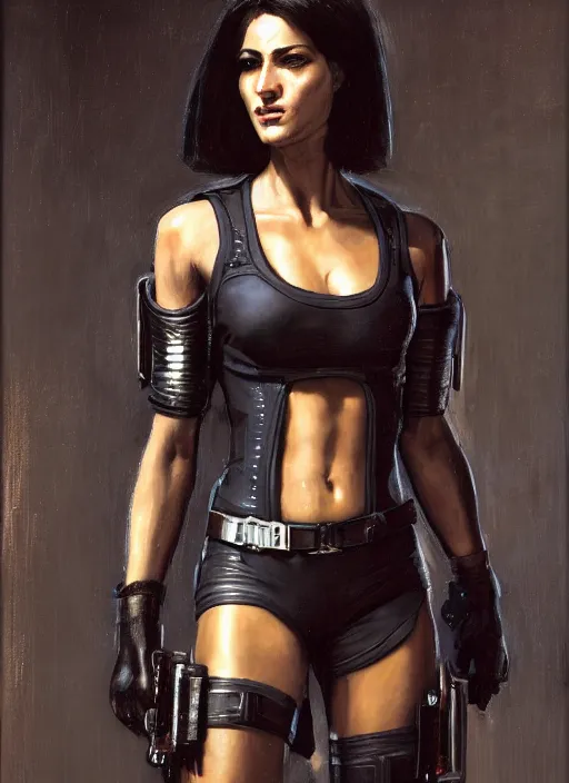 Prompt: Maria. beautiful cyberpunk policewoman wearing a military vest and military stealthsuit (cyberpunk 2077). gorgeous face. african woman. Iranian orientalist portrait by john william waterhouse and Edwin Longsden Long and Theodore Ralli and Nasreddine Dinet, oil on canvas. Cinematic, hyper realism, realistic proportions, dramatic lighting, high detail 4k