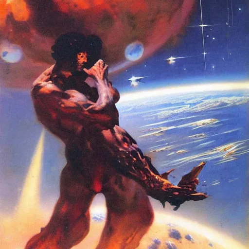 Prompt: Liminal space in outer space by Frank Frazetta