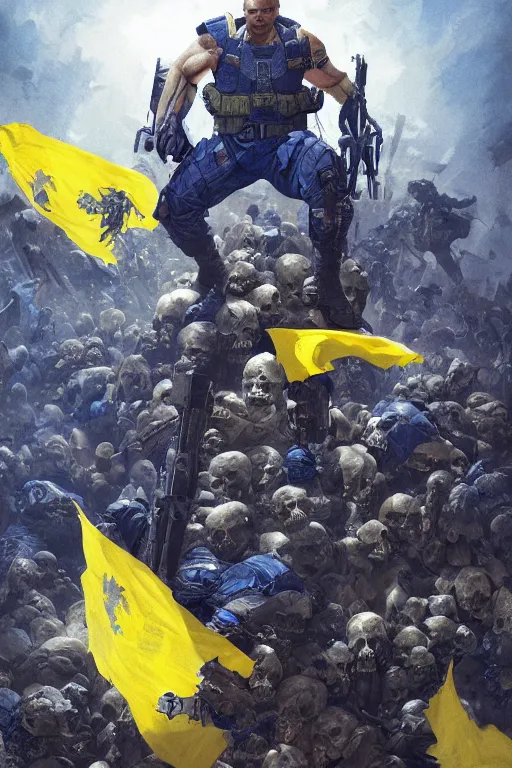 Prompt: A super soldier with a Ukrainian blue and yellow flag is standing on a pile of skulls, Call of Duty, marvel comics, dark, intricate, highly detailed, smooth, artstation, digital illustration by Ruan Jia and Mandy Jurgens and Artgerm and Wayne Barlowe and Greg Rutkowski and Frank Frazetta