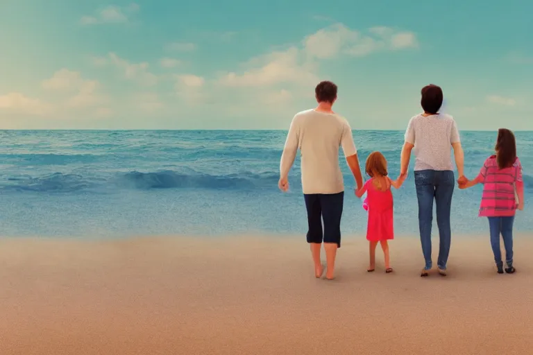 Image similar to a photograph of a family on the beach, holding hands, far - view, art, cinematic composition, octane render, high detail, 8 k, artstation trending, jcpenney portraits, wide shot, outdoors, wide - angle lens, soft focus, very coherent, 7 5 mm lens
