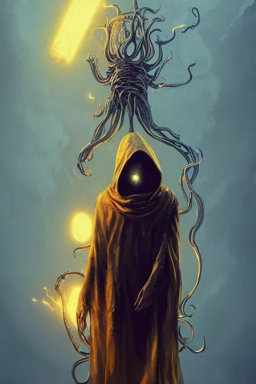 Image similar to A full body portrait of a mysterious character with no face with a very long hooded yellow cloak, a golden crown floating above his head tentacles coming out the ground art by Maciej Kuciara and Jason Chan, ominous, cosmic horror, trending on artstation, Ultra detailed, hyper realistic 4k