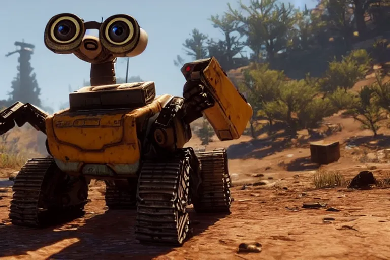 Prompt: wall - e in red dead redemption 2, heavy detailed, ultra high definition quality, rdr 2 game engine graphics