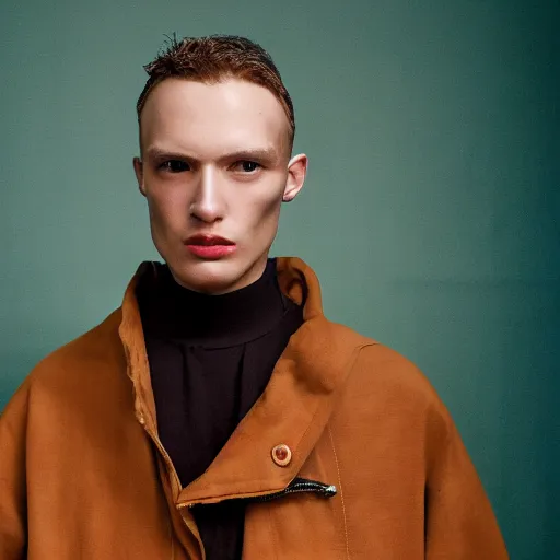 Prompt: an award - winning closeup editorial photo of a male model wearing a teal distressed baggy medieval cotton menswear jacket by alexander mcqueen, 4 k, studio lighting, wide angle lens