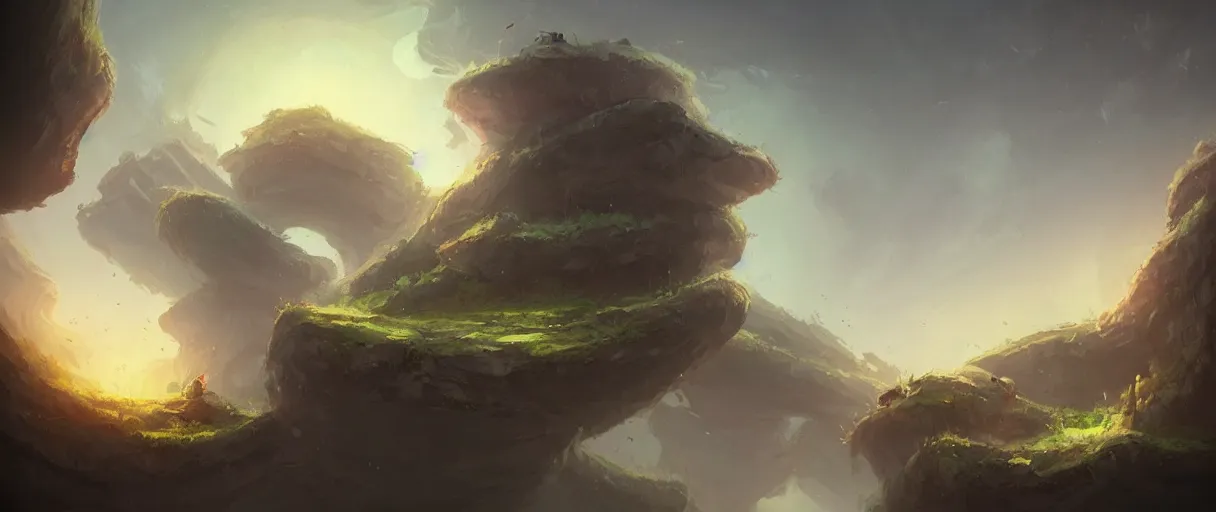 Image similar to floating islands in void concept art, low angle, cinematic, style of Jordan grimmer