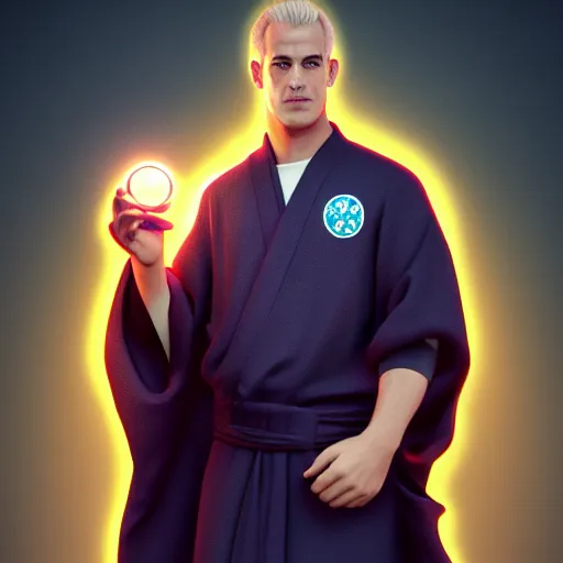 Prompt: Joe Hart wearing monk robes holding a glowing orb. Trending on Artstation, octane render, ultra detailed, art by Ross tran