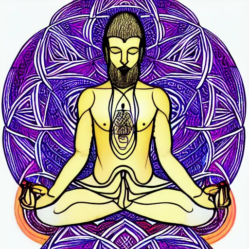 Prompt: colored pencil hatching bold lines sketch of a meditating yogi with ornate sacred geometry linework in the background, album cover hd