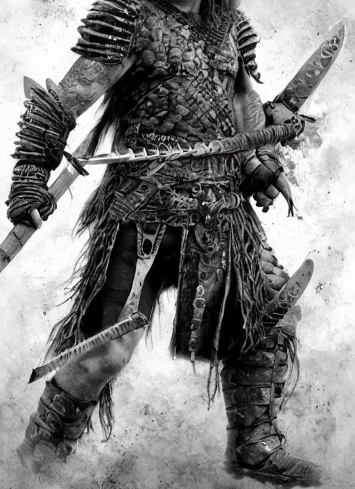 Prompt: frank dillane as a barbarian warrior, legendary warrior, tattoos, fur and leather armor, beautiful, realistically detailed shading, 8 k, hyper realistic art, photo realism, robin eley, deviantart