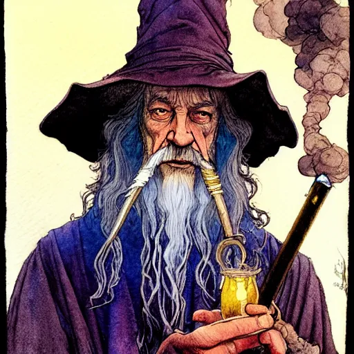 Prompt: a realistic and atmospheric watercolour fantasy character concept art portrait of gandalf smoking weed looking at the camera with an intelligent gaze by rebecca guay, michael kaluta, charles vess and jean moebius giraud