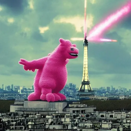 Prompt: a pink fluffy godzilla standing near the eiffel tower, fighting off x - wing fighters.