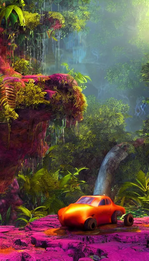 Prompt: a sci fi rusty flying car floating in a prehistoric jungle cave, lush flora, waterfall, magenta flowers, orange sky, teal clouds, sunset, hazy, volumetric lighting, rtx on, photorealistic render, unreal engine 5