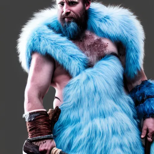 Prompt: a dnd barbarian half frost giant with pale blue skin wearing a fur coat, shoulder armor and holding an axe, high resolution film still, 4k, HDR color