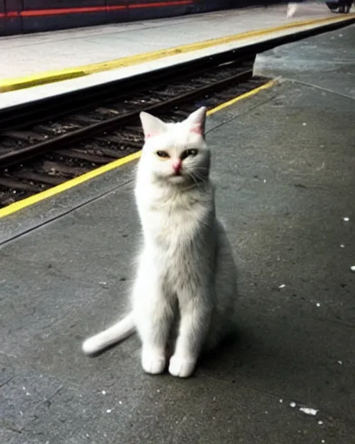 Image similar to cat standing up, cat standing on its hind legs, waiting for a subway train in new york city, as seen on reddit, photograph