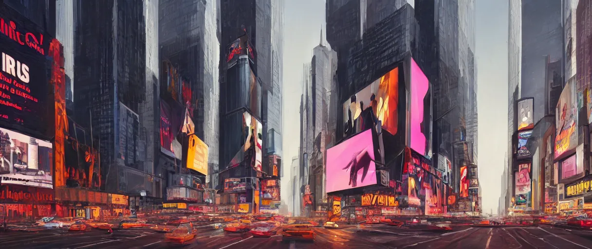 Prompt: huge modern downtown city, billboards, advertisements, Times Square, small buildings, dark, concept art, digital painting, style of Ian Hubert, warm lighting, futuristic, volumetric lighting, street view, daytime, godrays , high detail