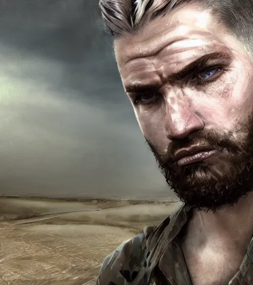 Image similar to portrait of muscular, tired and alcoholic 3 0 - year - old grieving man with short darkblonde hair, serious sad look in his eyes, looking down, dirty beard, blue eyes, crying tears, wearing dirty soldier uniform, on the desert, sad atmosphere, hyper realistic face, character art, art by mark brooks, cryengine, trending on artstation, digital art