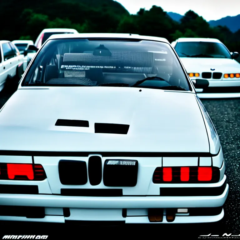 Image similar to close-up-photo BMW E36 turbo illegal meet, work-wheels, Gunma prefecture, middle of the night, cinematic color, photorealistic, high detailed deep dish wheels, highly detailed, custom headlights, neon underlighting