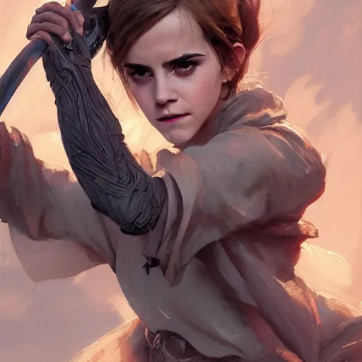 Prompt: portait of a emma watson swinging her katana, front game card, drark, marvel comics, dark, intricate, highly detailed, smooth, artstation, digital illustration by ruan jia and mandy jurgens and artgerm and wayne barlowe and greg rutkowski and zdislav beksinski