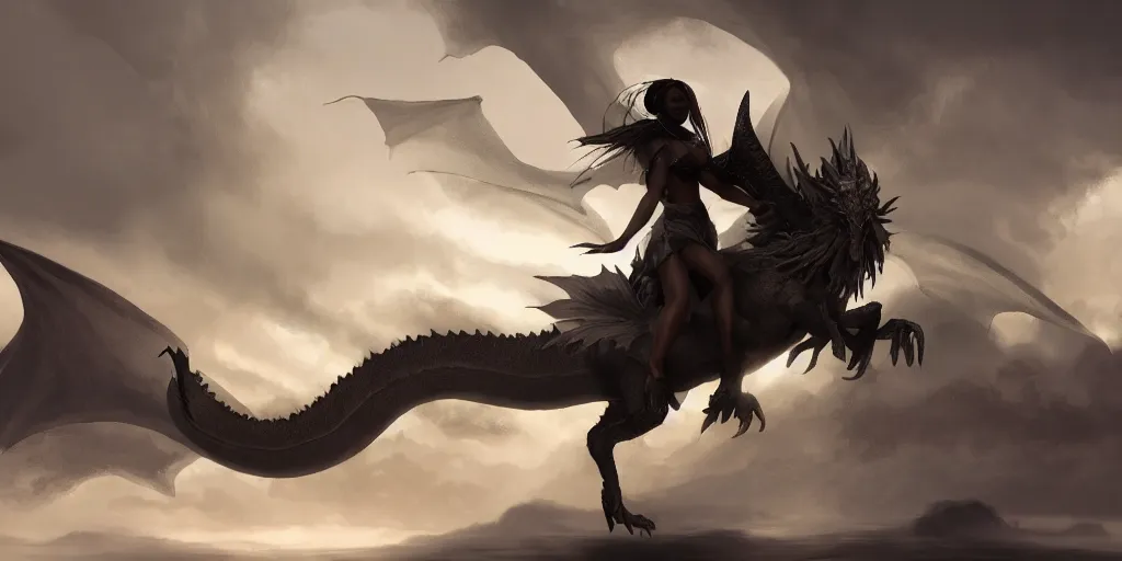 Prompt: black girl riding a dragon surrounded by fluttering white cloth, fantasy, epic scene, illustration, cinematic volume lighting, artstation, art by Jean Thomson