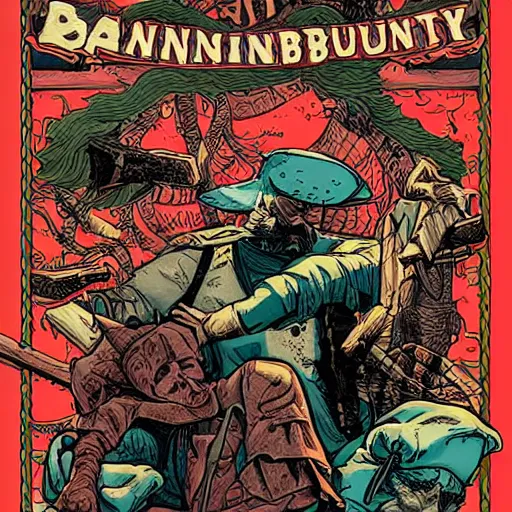 Prompt: precisely drawn illustration of parchment bounty poster for bandit, wide angle, sharp, fine details, French comic style, vibrant realistic colors, full color, heroic fantasy, intense line art, 8k, precise linework, realistic, in the style of Heavy Metal Comics and Richard Corben and Moebius
