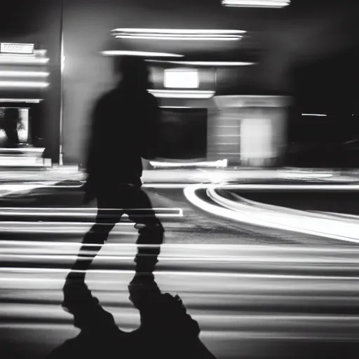 Image similar to a lonely shadowy figure at night, black and white, long exposure, motion blur, 3 5 mm