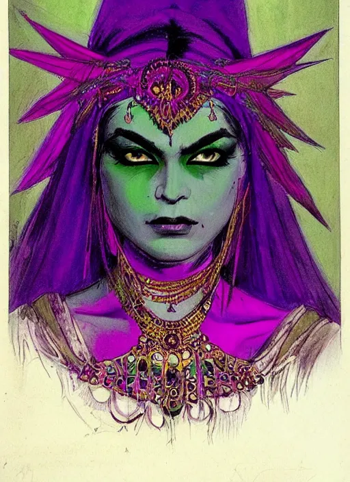 Image similar to portrait of muscular indian vampiress, jeweled veil, purple and green, strong line, saturated color, beautiful! coherent! by frank frazetta, high contrast, minimalism