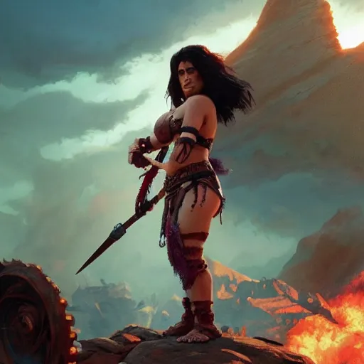 Image similar to salma hayek as a barbarian warrior, in gta v, stephen bliss, unreal engine, fantasy art by greg rutkowski, loish, rhads, ferdinand knab, makoto shinkai and lois van baarle, ilya kuvshinov, rossdraws, tom bagshaw, global illumination, radiant light, detailed and intricate environment