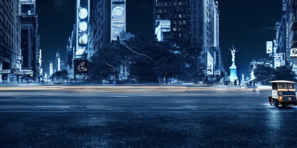 Image similar to an open frame blue tuk tuk going through a desolate manhattan city street at night, statue of liberty seen in the background, realistic 4 k octane beautifully detailed render, 4 k post - processing, highly detailed, detailed face, intricate complexity, epic composition, magical atmosphere, cinematic lighting, masterpiece, color picture, ultra hd