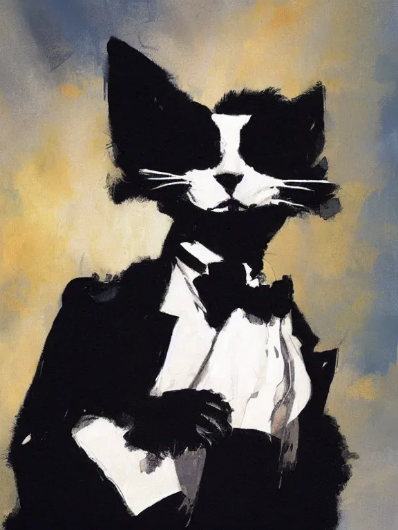 Prompt: a cat wearing a tuxedo by Jeffery Catherine Jones, Craig Mullins, gregory manchess