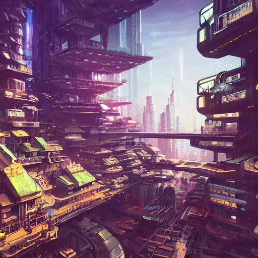 Image similar to a utopian cyberpunk city, filled with fauna, with building floating around everywhere, building cover with plant, dynamic lighting, fantasy concept art, trending on art station, stunning visuals, creative, cinematic, intricately detailed, unreal engine, 4 k