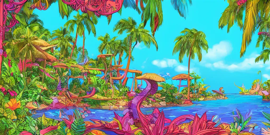 Image similar to tropical island, 8 k, high resolution, detailed drawing, beautiful hd, art nouveau, concept art, colourful, in the style of vadym meller