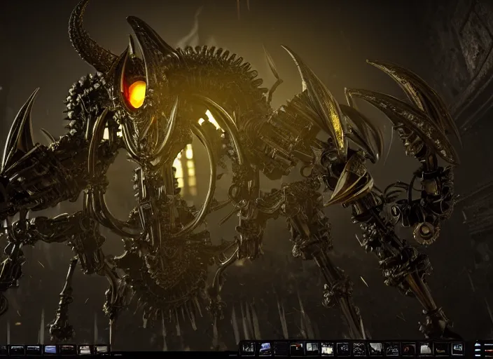 Image similar to mechanical albedo from overlord. Intricate. Very detailed 8k. Fantasy horror. Sharp. Cinematic post-processing. Unreal engine. Nanite. Ray tracing. Parallax. Tessellation