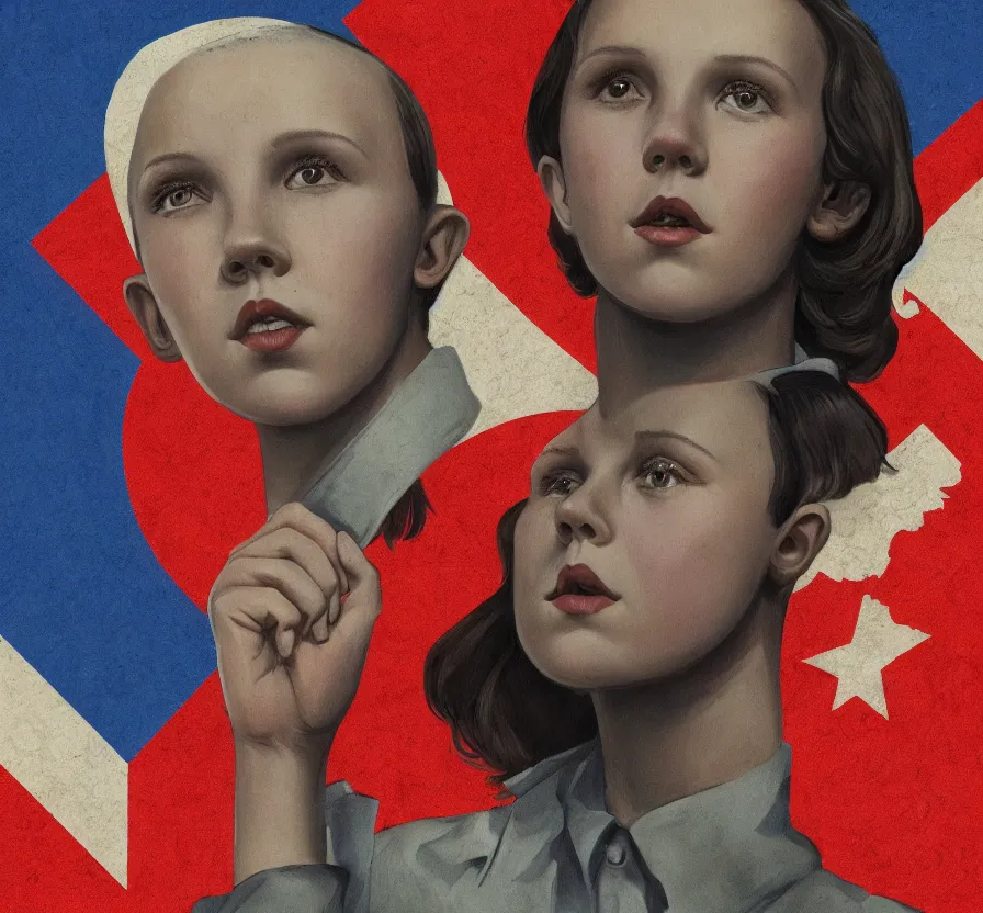 Image similar to millie bobby brown, propaganda, poster, revolution, communist, high detail, year 1 9 4 4, russian letters, lenin, trending on artstation, illustration, by maria zolotukhina