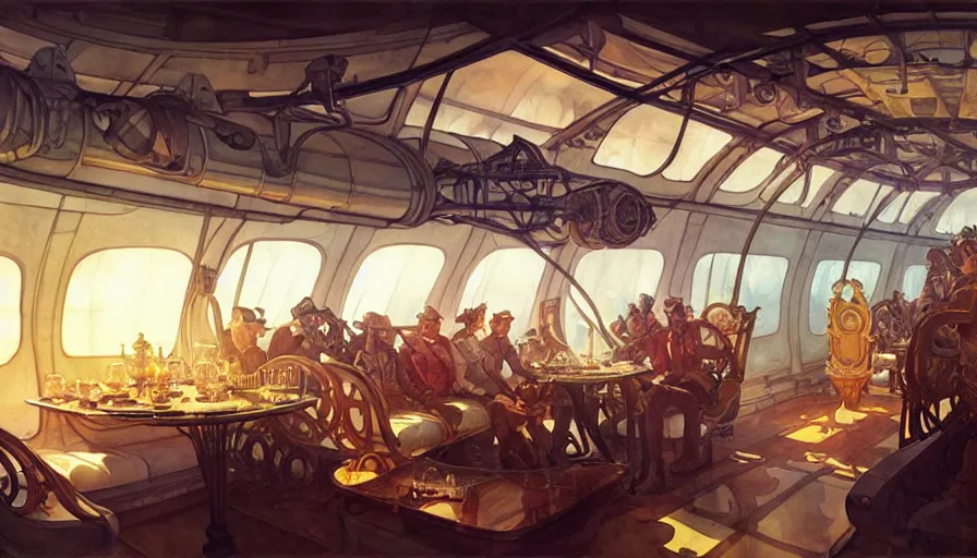 Image similar to airship interior with seats and a dinner table, french baroque, napoleonic, dieselpunk science fiction, steampunk, sharp, concept art watercolor illustration by mandy jurgens and alphonse mucha, dynamic lighting