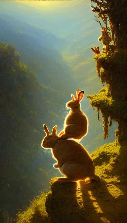 Image similar to rabbit looking off of a cliff, sun setting behind rabbit, lush forest in valley below, painted by tom bagshaw, james gurney, gaston bussiere, craig mullins, j. c. leyendecker 8 k